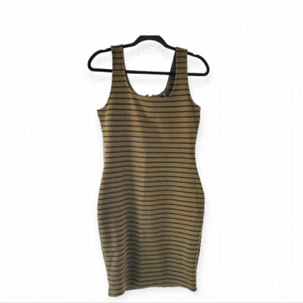 IRIS Olive Green Striped Bodycon Dress Textured Tank Sheath Size Large